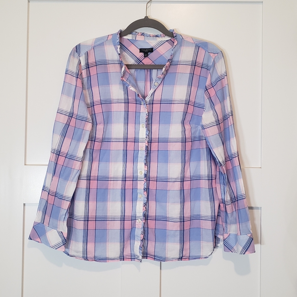 Talbots Button Down Shirt Plaid Ruffled Pastel Blue Pink Size Large Petite